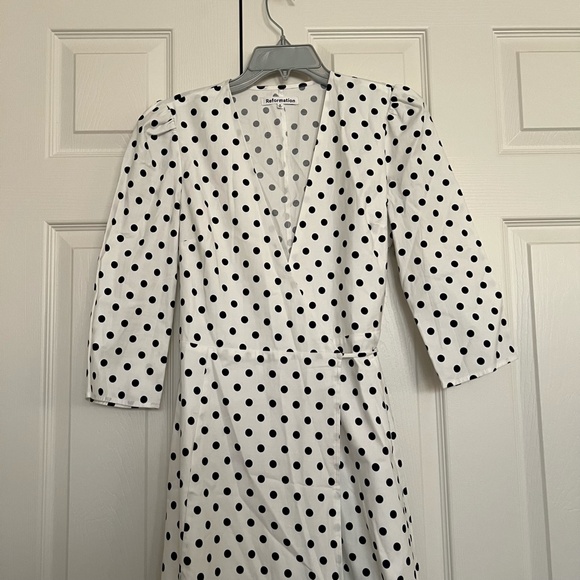 NEW Reformation Hilltop Midi Wrap Dress w/ Sleeves Polka Dot Malta Size S - Picture 13 of 14